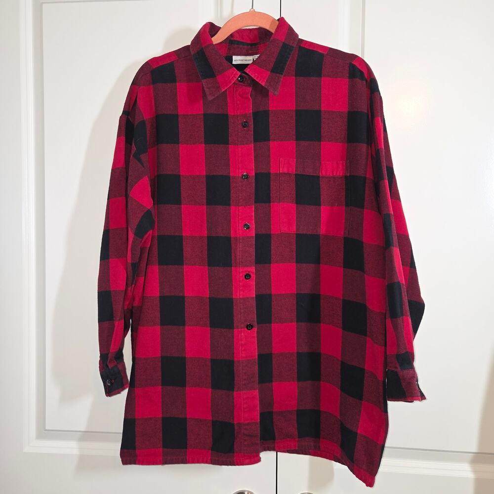 Flannel Shirt Black Red Buffalo Plaid Long-Sleeve 100% Cotton 1X Y2K Grunge